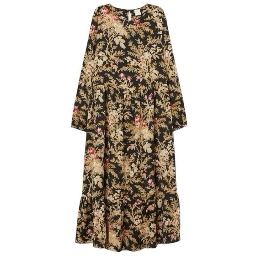 H&M Crepe Floral Print Midi Dress Long Sleeve Tiered New With Tags Size XS
